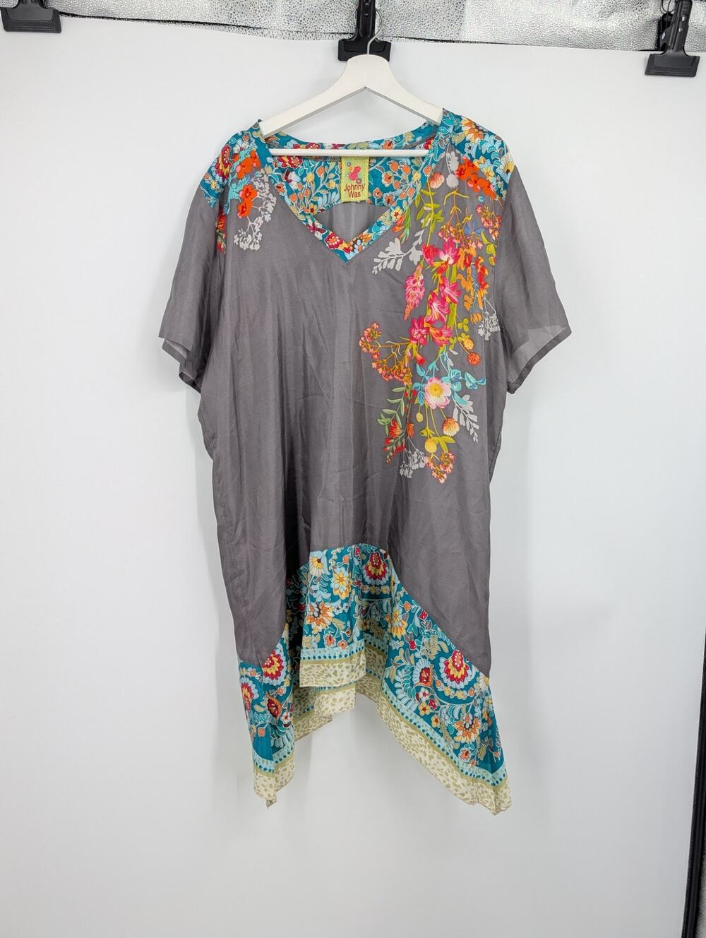 Johnny Was 100% Silk Dress Tunic *1X* Handkerchief Hem Floral Quiet Luxury Artsy